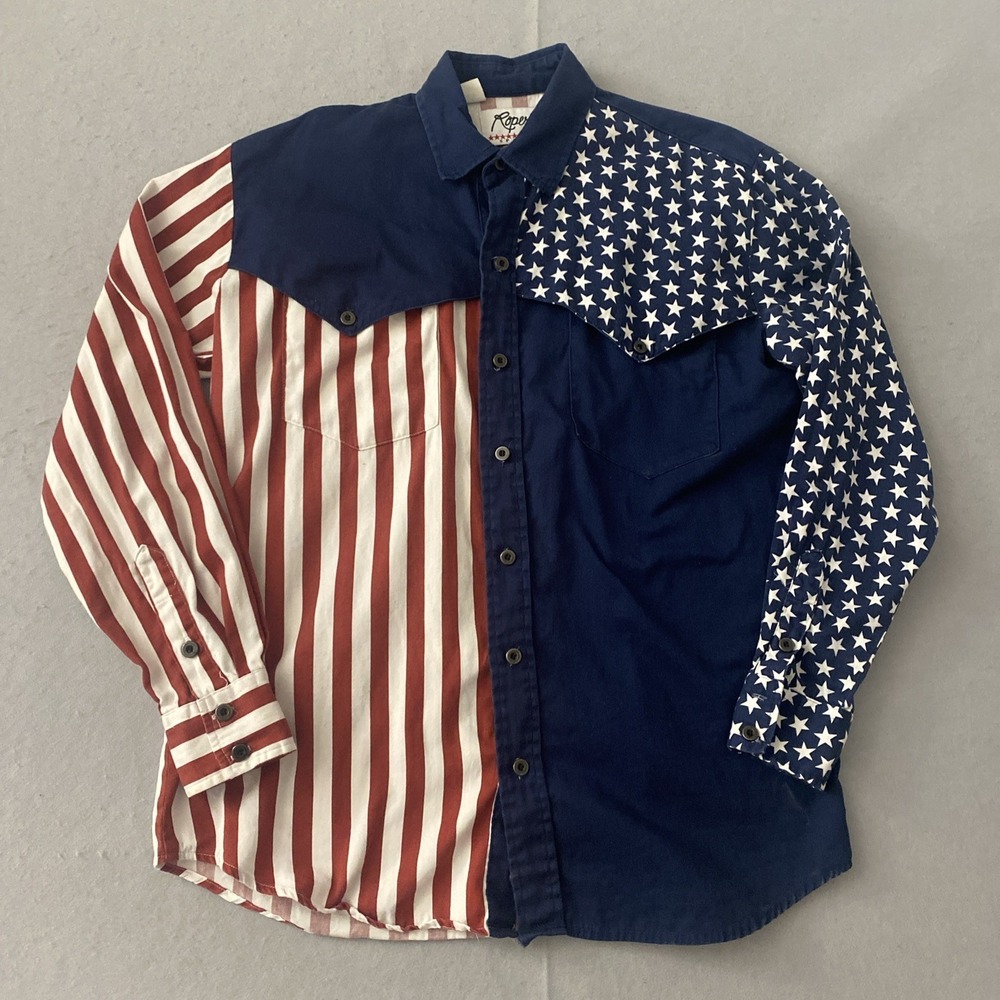 Roper Shirt Mens Large American Flag Stars Stripes Long Sleeve Western Patriotic